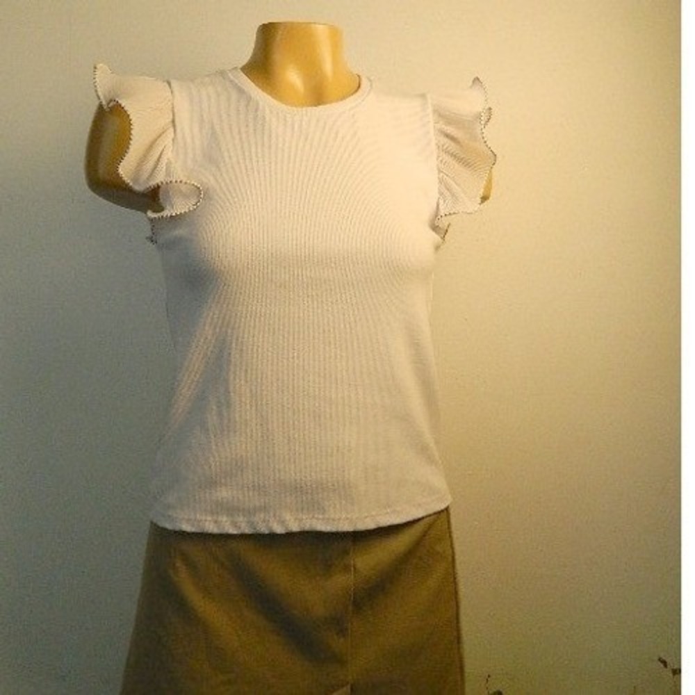 Zara Ruffle Sleeve Top Womens Small White Ribbed Knit Contrast Stitch Cap Sleeve